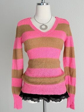 J. Crew Pink & Brown Striped V-Neck Sweater